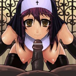 Rule 34 | 1boy, 1girl, :&gt;=, animated, animated gif, breasts, censored, cum, cum in mouth, fellatio, gloves, hanging breasts, hetero, interracial, nari-moku, nun, oral, penis, purple hair, smile, thighhighs, tongue, yellow eyes