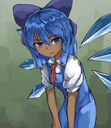 Rule 34 | 1girl, annyui (cookie), blue dress, blue eyes, blue hair, bow, cirno, commentary request, cookie (touhou), cowboy shot, dress, hair between eyes, hair bow, highres, ice, ice wings, leaning forward, looking at viewer, nob1109, open mouth, pinafore dress, puffy short sleeves, puffy sleeves, red ribbon, ribbon, shirt, short hair, short sleeves, sleeveless dress, solo, tan, tanned cirno, touhou, white shirt, wing collar, wings