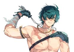 1boy abs bandaged_arm bandages black_gloves closed_mouth gloves green_eyes green_hair hair_over_one_eye haru41113 highres lighter_(zenless_zone_zero) male_focus muscular muscular_male scar scar_on_chest short_hair simple_background smile solo upper_body white_background zenless_zone_zero