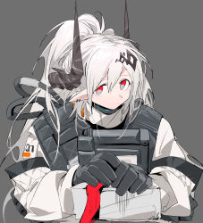 Rule 34 | 1girl, arknights, black gloves, black horns, cable, chinese commentary, closed mouth, commentary request, ear piercing, gloves, grey background, hair ornament, highres, horns, infection monitor (arknights), jumpsuit, ling s, long hair, long sleeves, looking at viewer, mudrock (arknights), piercing, pointy ears, ponytail, red eyes, simple background, solo, upper body, white hair, white jumpsuit