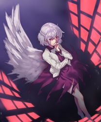 Rule 34 | 1girl, bare legs, bow, bowtie, braid, covering own mouth, dress, dutch angle, full body, gradient background, hand on own face, jacket, kaiza (rider000), kishin sagume, long sleeves, looking at viewer, purple dress, red eyes, short dress, short hair, silver hair, single wing, solo, touhou, wind, wind lift, wings