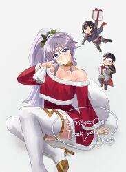 Rule 34 | 1boy, 2girls, absurdres, alternate costume, bare shoulders, black hair, boots, breasts, chibi, choker, christmas, cleavage, commentary request, commission, commissioner upload, dress, fire emblem, fire emblem: genealogy of the holy war, fire emblem: thracia 776, grey background, grey hair, head tilt, high heels, highres, ishtar (fire emblem), long hair, long sleeves, looking at viewer, medium breasts, multiple girls, nintendo, non-web source, off-shoulder dress, off shoulder, olwen (fire emblem), pearlbbbb, purple eyes, red dress, reinhardt (fire emblem), side ponytail, signature, sitting, skeb commission, smile, thigh boots, thighhighs, very long hair, watermark, white footwear, white thighhighs