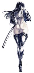 1girl absurdres ass ass_focus boots cws1122uu full_body greyscale highres leotard long_hair looking_back monochrome original sheath solo standing sword thigh_boots weapon