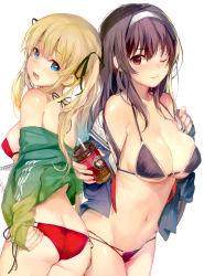 Rule 34 | 2girls, ;3, absurdres, adjusting clothes, adjusting swimsuit, ass, bikini, black bikini, black hair, blonde hair, blue eyes, breasts, butt crack, cleavage, coffee cup, cowboy shot, cropped, cup, disposable cup, duplicate, fang, hair ribbon, hairband, halterneck, highres, hougu souji, jacket, kasumigaoka utaha, large breasts, long hair, multi-strapped bikini, multiple girls, navel, off shoulder, one eye closed, open clothes, open mouth, open shirt, page number, purple hair, red bikini, red eyes, ribbon, saenai heroine no sodatekata, sawamura spencer eriri, scan, shirt, side-tie bikini bottom, sideboob, simple background, sketchbook, sleeves past wrists, small breasts, smile, standing, string bikini, swimsuit, track jacket, twintails, white background