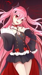 Rule 34 | 10s, 1girl, breasts, cleavage, detached sleeves, fang, guanghe zuoyong de de yezi, hair ornament, hand on own hip, highres, krul tepes, long hair, open mouth, owari no seraph, pink hair, pointy ears, red eyes, small breasts, solo