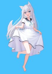 Rule 34 | 1girl, absurdres, animal ear fluff, animal ears, barefoot, black sailor collar, blue background, blue eyes, blue neckerchief, blush, commentary request, dress, fang, full body, grey hair, highres, long hair, looking at viewer, mikeran5648, neckerchief, open mouth, original, puffy short sleeves, puffy sleeves, sailor collar, sailor dress, short sleeves, simple background, skin fang, skirt hold, smile, solo, standing, standing on one leg, tail, very long hair, white dress
