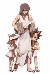Rule 34 | 1girl, 2boys, aged down, atem, bad id, bad lofter id, belt, black hair, blonde hair, blue eyes, bracer, bright pupils, brown hair, clothes grab, colored tips, dress, egyptian clothes, full body, gold armlet, highres, holding, jewelry, long hair, looking down, mahado, mana (yu-gi-oh!), millennium puzzle, multicolored hair, multiple boys, naoki (2rzmcaizerails6), necklace, off-shoulder dress, off shoulder, open mouth, pendant, purple eyes, purple hair, sandals, shirt, sidelocks, simple background, smile, usekh collar, white background, white shirt, white tunic, yu-gi-oh!, yu-gi-oh! duel monsters