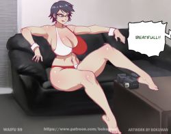 Rule 34 | 1girl, barefoot, bayonetta, bayonetta, bayonetta (series), bayonetta 2, bikini, black hair, blue eyes, bokuman, breasts, camera, casting couch, cleavage, couch, desk, glasses, huge breasts, licking lips, short hair, sitting, smile, solo, speech bubble, swimsuit, thick thighs, thighs, tongue, tongue out, two-tone bikini, wrist cuffs