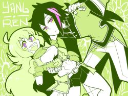 Rule 34 | 1boy, 1girl, abs, amputee, bakuatsukiyu, belt, black hair, black shorts, breasts, character name, chinese clothes, closed mouth, crop top, english text, green background, green theme, hetero, jacket, lie ren, long hair, long sleeves, looking at viewer, medium breasts, midriff, muscular, muscular female, open mouth, pink eyes, rwby, scarf, shorts, yang xiao long