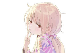 Rule 34 | 1girl, :p, ahoge, backlighting, blonde hair, brown eyes, closed mouth, from behind, futaba anzu, hair behind ear, half-closed eyes, hand up, idolmaster, idolmaster cinderella girls, japanese clothes, kimono, long hair, long sleeves, looking at viewer, looking back, low twintails, matsuo yuusuke, negative space, print kimono, simple background, solo, sunlight, tongue, tongue out, twintails, unkempt, upper body, v, white background, wide sleeves, yukata