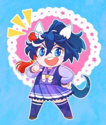 Rule 34 | 1girl, animal ears, black hair, blue background, blue eyes, bow, bowtie, brown footwear, chibi, crossed bangs, ear covers, hair ornament, hand on own hip, horse ears, horse girl, horse tail, katsuragi ace (umamusume), long sleeves, looking at viewer, new (new21u), notice, open mouth, outline, pointing, pointing at self, ponytail, purple skirt, purple thighhighs, round teeth, sailor collar, shoes, short hair, skirt, smile, solo, standing, star (symbol), tail, teeth, thighhighs, twitter username, umamusume, upper teeth only