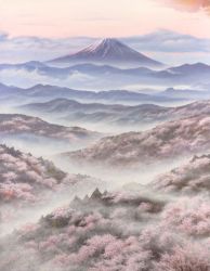 Rule 34 | akashi kaikyou, bad id, bad pixiv id, fog, highres, landscape, mount fuji, no humans, orange sky, scenery, sky