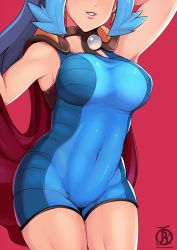 Rule 34 | 1girl, arm up, blue bodysuit, blue hair, bodysuit, breasts, cape, choker, clair (pokemon), commentary, covered navel, creatures (company), english commentary, game freak, gym leader, head out of frame, legs together, light blue hair, long hair, nintendo, parted lips, pokemon, pokemon hgss, ponytail, red background, revolverwing, simple background, smile, solo, watermark