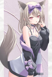 Rule 34 | 1girl, absurdres, animal ears, black dress, bow, breasts, dress, fox ears, fox girl, fox shadow puppet, fox tail, hair bow, highres, indie virtual youtuber, jacket, light brown hair, long sleeves, looking at viewer, medium breasts, medium hair, off shoulder, oi., open clothes, open jacket, red eyes, sleeveless, sleeveless dress, tail, uisato hazuki, virtual youtuber