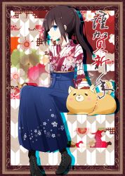 Rule 34 | 1girl, a.a (aa772), animal, arm support, black footwear, blue hakama, blush stickers, boots, brown hair, closed mouth, commentary request, cross-laced footwear, dog, floral print, hair between eyes, hakama, hakama-chan (aa), hakama skirt, high heel boots, high heels, high ponytail, japanese clothes, kagami mochi, kimono, lace-up boots, long hair, long sleeves, looking at viewer, looking to the side, original, ponytail, print kimono, profile, red kimono, sidelocks, sitting, skirt, smile, solo, translated