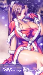 Rule 34 | 1girl, breasts, brown hair, christmas, cleavage, fatal fury, gloves, huge breasts, long hair, ponytail, red gloves, santa costume, shiranui mai, sitting, snk, snow, snowing, solo, the king of fighters