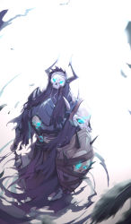 Rule 34 | 1boy, absurdres, armor, black cloak, cloak, commentary request, fate/grand order, fate (series), glowing, glowing eyes, highres, holding, holding shield, horns, king hassan (fate), looking at viewer, male focus, shield, skull, sokimi (sosojovan), solo, spikes, torn cloak, torn clothes