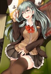 Rule 34 | 10s, 1girl, bad id, bad pixiv id, black skirt, blouse, brown jacket, brown sweater, brown thighhighs, buttons, green eyes, green hair, hair between eyes, hair ornament, hairclip, jacket, kanna (horntp), kantai collection, long hair, long sleeves, neck ribbon, open mouth, pleated skirt, red ribbon, remodel (kantai collection), ribbon, shirt, skirt, smile, solo, suzuya (kancolle), sweat, sweater, teeth, thighhighs, twitter username, white shirt