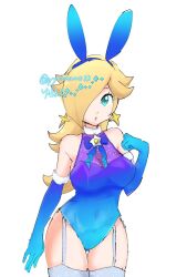 Rule 34 | 1girl, :o, adapted costume, animal ears, artist name, bare shoulders, blonde hair, blue eyes, blue gloves, blue leotard, breasts, brooch, collar, covered navel, earrings, elbow gloves, fake animal ears, garter straps, gloves, hair over one eye, highres, jewelry, large breasts, leotard, long hair, looking at viewer, mario (series), mario kart, mario kart tour, nintendo, parted lips, playboy bunny, rabbit ears, rosalina, rosalina (aurora), shoes, simple background, solo, standing, star (symbol), star brooch, star earrings, thighhighs, thighs, yyouauo33, zettai ryouiki