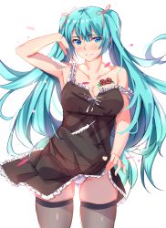 Rule 34 | 1girl, alternate costume, aqua hair, arm up, armpits, bare arms, bare shoulders, black dress, black thighhighs, blue eyes, blush, breast tattoo, breasts, cleavage, clothes lift, collarbone, dress, dress lift, feathers, frilled dress, frills, gluteal fold, hair ribbon, hand in own hair, hatsune miku, lifted by self, long hair, looking at viewer, medium breasts, muko (kokia38), own hands together, panties, parted lips, red ribbon, ribbon, simple background, sleeveless, sleeveless dress, smile, solo, standing, strap slip, tattoo, thighhighs, twintails, underwear, upskirt, very long hair, vocaloid, white background, white panties