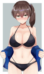 Rule 34 | 1girl, bikini, black bikini, blue jacket, blush, border, breasts, brown eyes, brown hair, cleavage, closed mouth, collarbone, gluteal fold, grey background, highres, jacket, kaga (kancolle), kantai collection, large breasts, looking at viewer, medium hair, ninoude (ninoude44), outside border, side ponytail, simple background, skindentation, solo, stomach, swimsuit, white border, wide hips