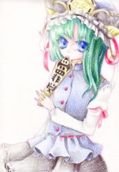 Rule 34 | 1girl, blue eyes, covering face, covering own mouth, covering privates, female focus, green hair, hat, miri, miri (tobira no mukou), ribbon, rod of remorse, shiki eiki, simple background, skirt, solo, touhou, traditional media
