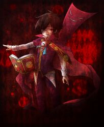Rule 34 | 1boy, aura, book, brown hair, cape, chain, clock, coin (co-in), formal, glasses, highres, klug (puyopuyo), male focus, outstretched arm, puyopuyo, red background, red eyes, solo, strange klug