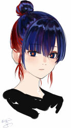 Rule 34 | 1girl, alternate hairstyle, black shirt, blue eyes, blue hair, closed mouth, cropped shoulders, expressionless, hair bun, highres, isshiki (ffmania7), kamitsubaki studio, light blush, looking at viewer, multicolored eyes, portrait, red eyes, red hair, rim (kamitsubaki studio), shirt, short hair, sidelocks, signature, simple background, single hair bun, solo, virtual youtuber, white background, yellow pupils