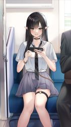 Rule 34 | 1girl, bangle, belly chain, black choker, black hair, black necktie, blush, bracelet, brown eyes, cellphone, chain, choker, closed mouth, ear piercing, gold chain, grey skirt, hands up, heart, heart choker, highres, holding, holding phone, jewelry, long hair, looking at phone, loose necktie, mole, mole under eye, multiple moles, multiple rings, necktie, original, phone, piercing, plaid necktie, pleated skirt, pointy ears, ring, school uniform, shirt, short sleeves, sidelocks, sino42, sitting, skirt, smartphone, solo focus, straight hair, swept bangs, thigh strap, thighs, train interior, wavy mouth, white shirt