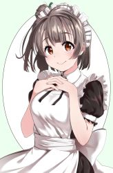 Rule 34 | 10s, 1girl, alternate costume, alternate hair length, alternate hairstyle, apron, black dress, black ribbon, brown eyes, closed mouth, dress, enmaided, fingernails, grey hair, hands up, highres, igarashi kyouhei, interlocked fingers, looking at viewer, love live!, love live! school idol project, maid, maid apron, maid headdress, minami kotori, nail polish, neck ribbon, one side up, pink nails, puffy short sleeves, puffy sleeves, ribbon, short hair, short sleeves, smile, solo, upper body, white apron
