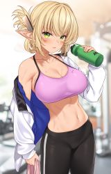 Rule 34 | 1girl, abs, absurdres, aegis (takunomi), bare shoulders, black pants, blonde hair, blurry, blurry background, blush, bottle, breasts, cleavage, collarbone, commentary request, cowboy shot, elf, enjo kouhai, folded ponytail, green eyes, gym, hair between eyes, highres, holding, holding bottle, holding towel, indoors, jacket, large breasts, long sleeves, looking at viewer, midriff, navel, off shoulder, pants, parted lips, pink sports bra, pointy ears, sidelocks, solo, sports bra, standing, sweat, takunomi, tight clothes, tight pants, toned, towel, water bottle, white jacket