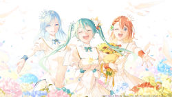 Rule 34 | 3girls, aqua hair, aqua nails, aqua ribbon, beads, bird, blue eyes, blue flower, blue hair, blue nails, blue ribbon, blurry, book, bouno satoshi, bouquet, braid, breasts, brown hair, bud, capelet, closed eyes, clover, clover earrings, clover hair ornament, covered navel, crown, crypton future media, cupping hands, depth of field, dew drop, diffraction spikes, dress, earrings, eyes visible through hair, fingernails, flower, four-leaf clover, four-leaf clover earrings, frilled dress, frills, glint, gold trim, hair flower, hair ornament, hanasato minori, hatsune miku, high collar, highres, hinomori shizuku, holding, holding book, holding bouquet, jewelry, juliet sleeves, laughing, light blue hair, long hair, long sleeves, looking at viewer, medium hair, milk crown on sonechka (vocaloid), mini crown, mole, mole under mouth, more more jump! (project sekai), more more jump! miku, motion blur, multiple girls, nail polish, neck ribbon, one eye closed, open book, open mouth, orange flower, orange nails, outstretched arm, own hands together, petals, piapro, pink flower, pleated dress, project sekai, puffy sleeves, ribbon, sega, side slit, simple background, small breasts, straight hair, sunflower, swept bangs, tearing up, tsurime, twintails, upper body, very long hair, vocaloid, water drop, white background, white bird, white dress, yellow flower