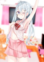 Rule 34 | 1girl, ahoge, arm up, armpits, bad id, bad pixiv id, blue eyes, blurry, blurry background, blush, bow, breasts, hair between eyes, hair ornament, hand up, highres, holding, indoors, lifting own clothes, long hair, looking at viewer, medium breasts, navel, one eye closed, open mouth, original, pink skirt, red bow, school uniform, serafuku, sidelocks, sinobi illust, skirt, solo, stomach, white hair