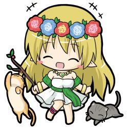 Rule 34 | +++, 1girl, :d, ^ ^, animal, bangle, bare shoulders, barefoot, blonde hair, blue flower, blue rose, blush stickers, bracelet, branch, breasts, cat, chibi, closed eyes, commentary request, dress, flower, flower wreath, freyja (p&amp;d), full body, head wreath, holding, holding branch, jewelry, long hair, medium breasts, open mouth, pendant, pointy ears, puzzle &amp; dragons, red flower, red rose, ri-net, rose, simple background, smile, solo, standing, standing on one leg, strapless, strapless dress, very long hair, white background, white dress