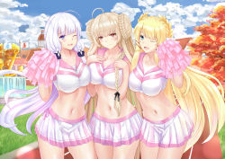 Rule 34 | 3girls, :d, ;d, absurdres, ahoge, anchor, autumn, azur lane, bare arms, blonde hair, blue eyes, blue sky, braid, braided bun, breasts, brown hair, building, cheerleader, chenche-jun, cloud, collarbone, commentary request, crop top, day, double bun, flag, formidable (azur lane), hair bun, hair ribbon, hands on own chest, hands up, highres, holding, holding pom poms, illustrious (azur lane), large breasts, laurel crown, long hair, looking at viewer, midriff, miniskirt, mole, mole under eye, multiple girls, navel, one eye closed, open mouth, outdoors, pleated skirt, pom pom (cheerleading), pom poms, purple eyes, red eyes, ribbon, sailor collar, shirt, side-by-side, single hair bun, skirt, sky, sleeveless, sleeveless shirt, smile, standing, stomach, tree, very long hair, victorious (azur lane), white hair, white shirt, white skirt