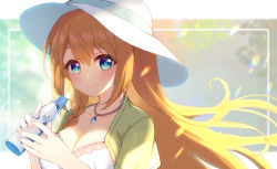 Rule 34 | 1girl, blue eyes, blush, bottle, breasts, brown hair, cleavage, closed mouth, collarbone, commentary request, dress, green jacket, hair between eyes, hands up, hasu (velicia), hat, highres, holding, holding bottle, jacket, jewelry, long hair, looking at viewer, medium breasts, open clothes, open jacket, pecorine (princess connect!), pecorine (real) (princess connect!), pendant, princess connect!, ramune, short sleeves, smile, solo, sun hat, sweat, upper body, white dress, white hat