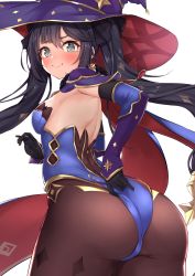 Rule 34 | 1girl, @ @, aqua eyes, ass, black hair, blue leotard, bodystocking, bodysuit, bodysuit under clothes, breasts, from behind, genshin impact, green eyes, hat, highres, leotard, long hair, looking at viewer, looking back, medium breasts, meri-san, mona (genshin impact), purple hat, simple background, solo, standing, thighlet, twintails, white background, witch hat