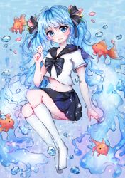 Rule 34 | 1girl, absurdly long hair, absurdres, aqua eyes, aqua hair, artist name, artist request, black skirt, blue eyes, blue hair, blush, breasts, bubble, card, cleavage, female focus, fish, goldfish, hatsune miku, highres, holding, holding card, jackf, long hair, looking at viewer, parted lips, sailor collar, shirt, skirt, small breasts, smile, solo, twintails, underwater, very long hair, vocaloid, white legwear, white shirt