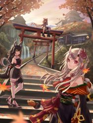 Rule 34 | 3girls, ahoge, animal ears, architecture, autumn, autumn leaves, bad id, bad pixiv id, bird, black legwear, black skirt, blue eyes, breasts, castle, check commentary, choker, cliff, collarbone, commentary request, detached sleeves, east asian architecture, evening, falling leaves, fox ears, fox girl, fox tail, full body, highres, hololive, horns, japanese clothes, kimono, leaf, long hair, looking at viewer, maple leaf, mask, multiple girls, nakiri ayame, nakiri ayame (1st costume), obi, obiage, obijime, oni mask, ookami mio, ookami mio (1st costume), outdoors, pleated skirt, red choker, red eyes, revision, ribbon choker, roboqlo, sash, scenery, school uniform, serafuku, shirakami fubuki, shrine, single thighhigh, sitting, skin-covered horns, skirt, small breasts, stairs, standing, stone stairs, tail, thighhighs, torii, virtual youtuber, water, waterfall, white legwear, wolf ears, wolf girl, wolf tail, yellow eyes