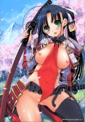 Rule 34 | 1girl, 2009, :d, absurdres, armor, black hair, black thighhighs, blush, bottomless, breasts, breasts out, cherry blossoms, dated, day, earrings, faulds, green eyes, highres, holding, jewelry, katana, kiya shii, long hair, looking at viewer, medium breasts, nipples, no panties, open mouth, original, petals, ponytail, scan, scan artifacts, sheath, sheathed, shiny skin, single earring, single thighhigh, sitting, smile, solo, sword, thighhighs, translation request, uncensored, weapon