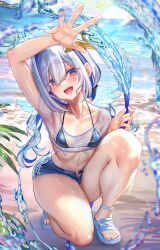 Rule 34 | 1girl, alternate costume, alternate hairstyle, amane kanata, angel wings, arm up, armpits, beach, bikini, blue bikini, blue eyes, blue hair, blue shorts, blurry, blurry background, blush, breasts, chinese commentary, collarbone, commentary request, depth of field, feathered wings, feet, full body, grey hair, hair between eyes, halo, highres, holding, holding hose, hololive, hose, jagoo, knee up, legs, mixed-language commentary, multicolored hair, navel, open fly, open mouth, outdoors, parted bangs, pink hair, pointy ears, sandals, see-through, see-through shirt, shiny skin, shirt, short shorts, shorts, sidelocks, small breasts, solo, squatting, star halo, streaked hair, swimsuit, t-shirt, teeth, thighs, tied shirt, toenails, toes, tongue, twintails, virtual youtuber, water, wet, white footwear, wings