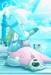 1girl animated blonde_hair closed_eyes cloud commentary corsola creatures_(company) day dress game_freak gen_1_pokemon gen_2_pokemon gen_3_pokemon gen_7_pokemon hand_on_headwear hand_up hat light_rays lighthouse long_hair nintendo open_mouth oshiruko_(oshiruko_s2) outdoors pier pokemon pokemon_(creature) sandygast shellder signature sitting sky sleeveless sleeveless_dress slowpoke smile sparkle sun_hat symbol-only_commentary tagme video wailord water white_dress white_hat wingull