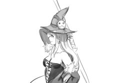 Rule 34 | 1girl, anonymous drawfag, bare shoulders, breasts, cleavage, corset, detached sleeves, earrings, greyscale, hair ornament, hat, highres, jewelry, long hair, luminous arc, monochrome, profile, skull hair ornament, solo, staff, vanessa (luminous arc), very long hair, witch hat