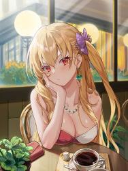 Rule 34 | 1girl, alisa reinford, bare arms, bare shoulders, bead necklace, beads, blonde hair, bow, breast rest, breasts, breasts on table, chibi vanille, cleavage, closed mouth, coffee, collarbone, cup, earrings, eiyuu densetsu, falcom, frown, hair bow, head rest, highres, jewelry, large breasts, long hair, looking at viewer, necklace, one side up, plant, potted plant, red eyes, sen no kiseki, sitting, solo, table, v-shaped eyebrows