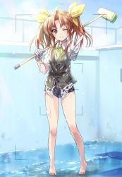 Rule 34 | 1girl, ;), ahoge, barefoot, black one-piece swimsuit, blue eyes, blue sky, blurry, blurry background, brown hair, chain-link fence, closed mouth, cloud, cloudy sky, collared shirt, commentary request, day, dress shirt, empty pool, fence, gloves, green ribbon, grey vest, hair ribbon, heel up, highres, kagerou (kancolle), kantai collection, kuroi mimei, light particles, looking at viewer, medium hair, neck ribbon, no pants, one-piece swimsuit, one eye closed, outdoors, parted bangs, pool, ribbon, school swimsuit, see-through, shirt, short sleeves, sidelocks, sky, smile, solo, standing, swimsuit, swimsuit under clothes, twintails, v, vest, viewfinder, water, wet, wet clothes, white gloves, white shirt, yellow ribbon