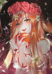 1girl, apple, bangs, bare shoulders, breasts, cleavage, flower, food, fruit, hair flower, hair ornament, head wreath, highres, holding, holding food, holding fruit, long hair, looking at viewer, medium breasts, mole, mole under eye, nail polish, open mouth, orange hair, red flower, red nails, red rose, rose, smile, solo, tower of saviors, upper body, vardan, white flower, yellow eyes