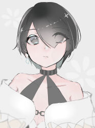 Rule 34 | 1girl, black hair, black shirt, breasts, cleavage, cloak, closed mouth, earrings, expressionless, grey eyes, hair over one eye, haruka (paradigm paradox), highres, jewelry, looking at viewer, one eye covered, oshima hanto, paradigm paradox, shirt, short hair, sketch, small breasts, solo, white background, white cloak