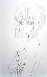 Rule 34 | 1girl, artist request, bare shoulders, breasts, bungou stray dogs, covering privates, covering breasts, higuchi ichiyou (bungou stray dogs), looking at viewer, medium breasts, monochrome, nude, open mouth, ponytail, short hair, simple background, solo, sweat, tagme, traditional media, upper body