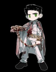 Rule 34 | 1boy, anzekeye, black background, black footwear, black hair, blood, blood on clothes, chain, chibi, coat, coat on shoulders, e.g.o (project moon), green eyes, highres, limbus company, long sleeves, looking at viewer, male focus, meursault (project moon), necktie, pants, project moon, shirt, shoes, simple background, solo, striped, striped coat, striped necktie, white pants, white shirt