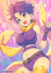 Rule 34 | 1girl, :d, artist name, bare shoulders, battle tendency, belt, blush, boots, bracelet, breasts, bright pupils, cowboy shot, fingerless gloves, genderswap, genderswap (mtf), gloves, green eyes, hand up, highres, jewelry, jojo no kimyou na bouken, joseph joestar, joseph joestar (young), kotatsu (g-rough), large breasts, looking at viewer, midriff, multicolored background, multicolored eyes, navel, open mouth, purple eyes, purple gloves, purple hair, purple shirt, purple shorts, scarf, shirt, short hair, short shorts, shorts, sleeveless, sleeveless shirt, smile, solo, standing, thigh boots, thighhighs, yellow footwear, yellow scarf